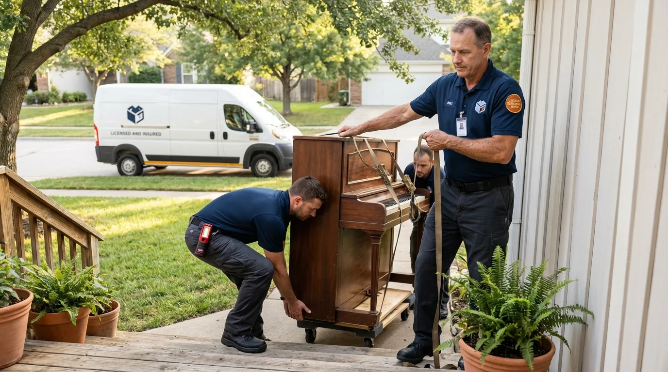 Licensed piano movers securing grand piano in Merrick, NY