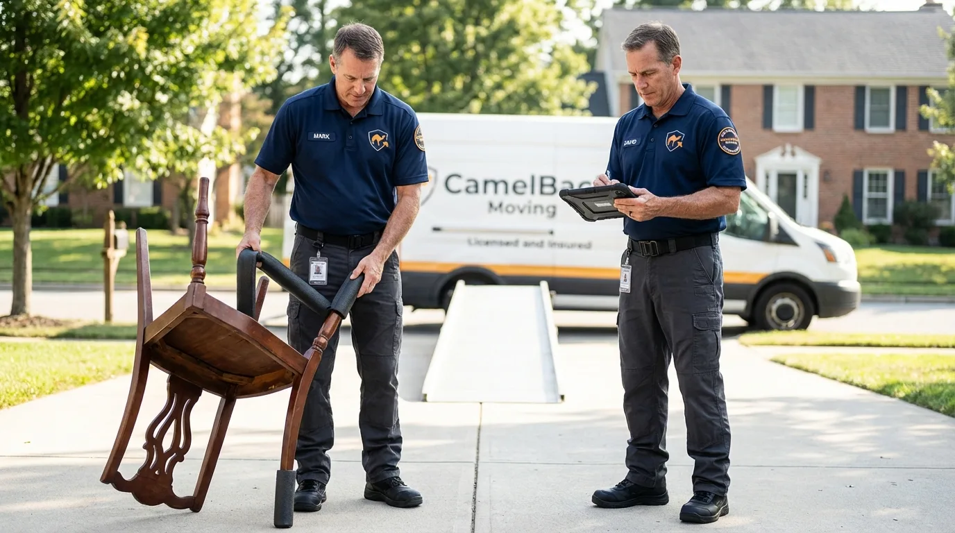 Movers inspecting furniture for damage prevention before loading in Merrick, NY