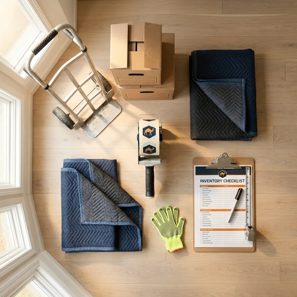 Professional moving supplies and packing materials layout for Merrick residential relocations